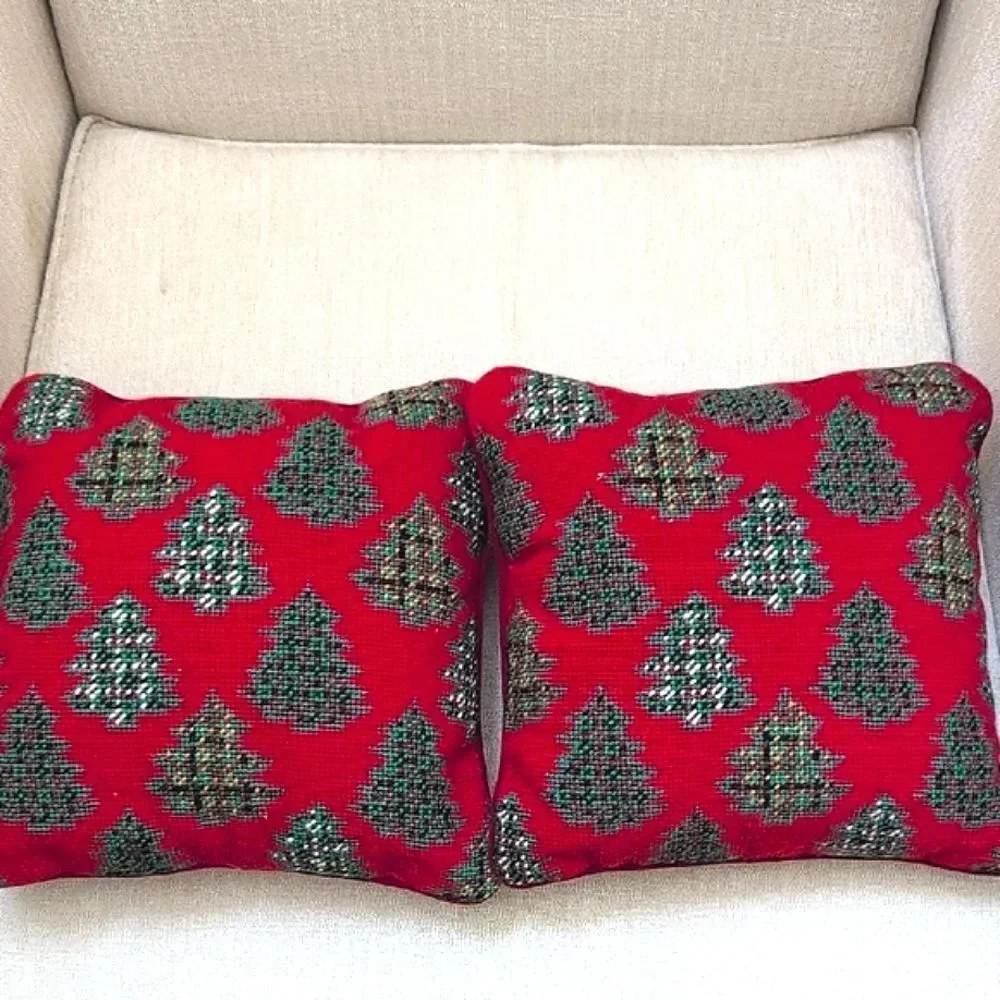 Festive Red & Green Needlepoint Christmas Tree Holiday Pillows Vintage Set of 2